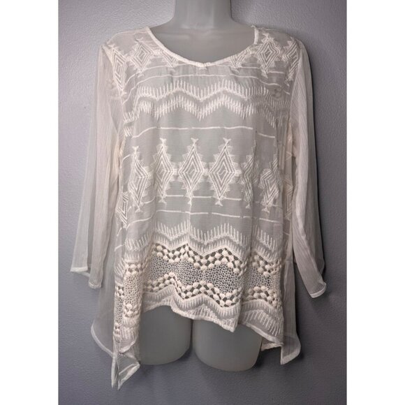 Chico's Ivory Sheer Embroidered Lace Tunic Blouse 3/4 Sleeves Asymmetric Hem - Picture 3 of 11